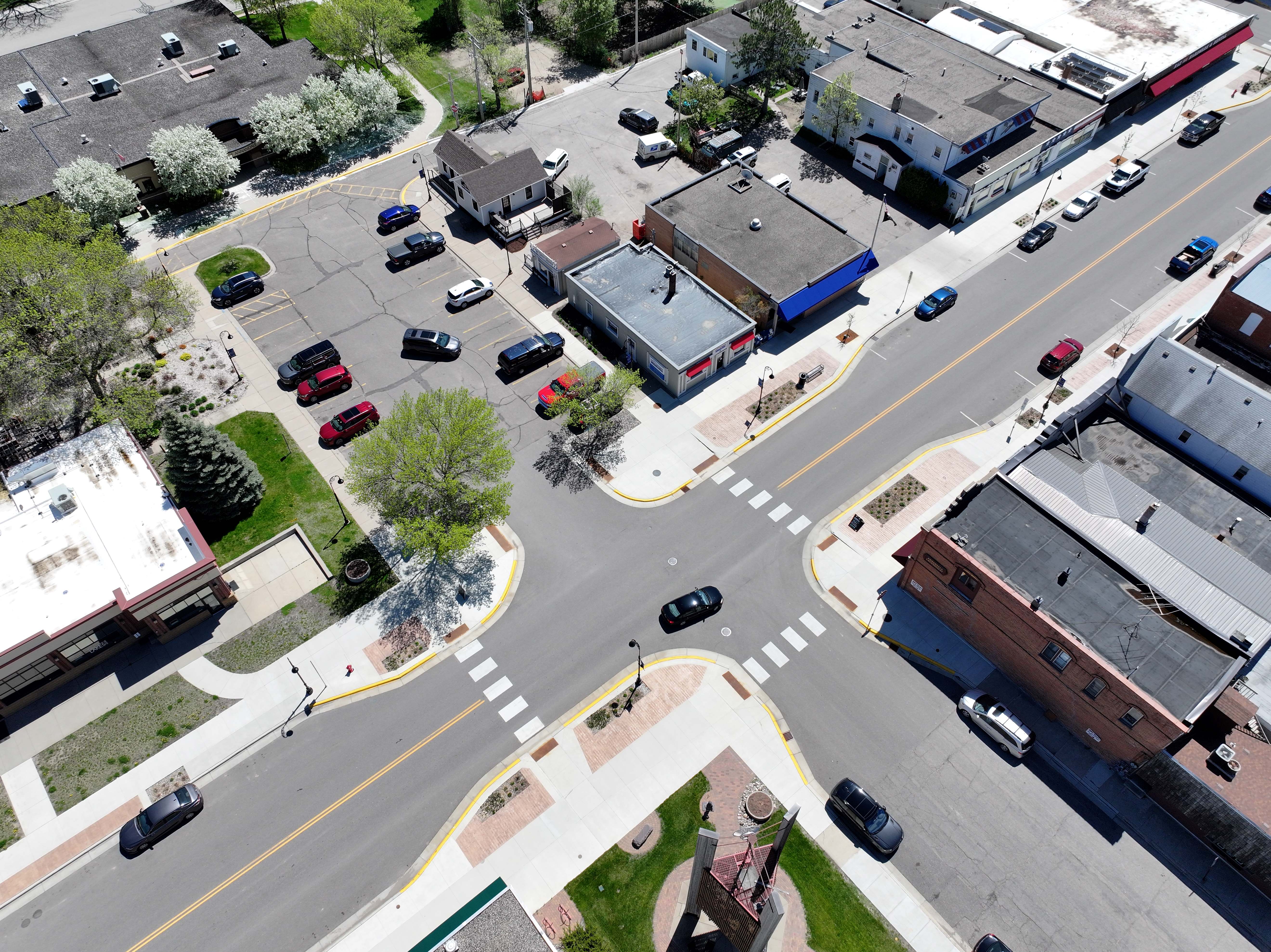 Aerial image of downtown Annandale, now featuring amenity zones, curb extensions and reduced lane widths for a safer travel environment.