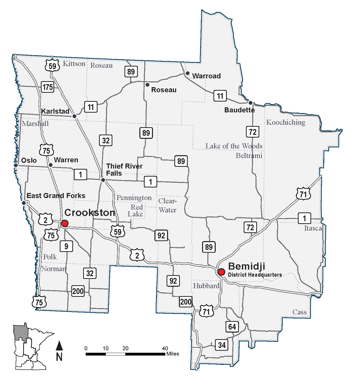 Map of MnDOT District 2, covering Northwest Minnesota.