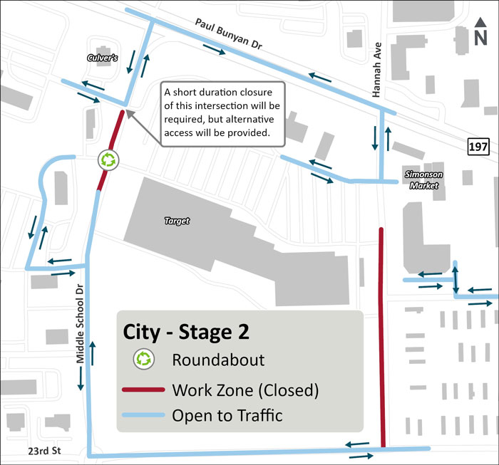 Click to enlarge Map showing the City of Bemidji’s Stage 2 work at Middle School Drive, highlighting roundabout construction limits, local access routes, and temporary traffic patterns.