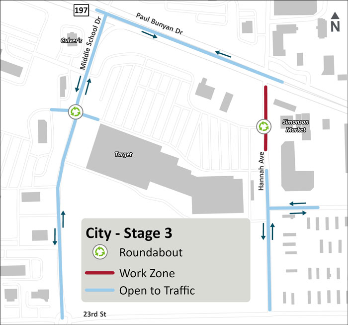 Map showing the City of Bemidji’s Stage 3 work at Hannah Avenue. The map outlines the roundabout construction area, detours, and traffic control for nearby streets.