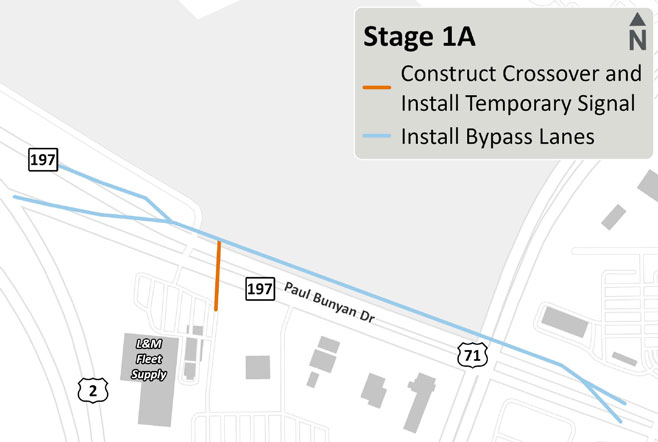 Map showing Stage 1A work on Hwy 197, highlighting the project area where crews will prepare the corridor. Work zones include initial clearing, utility work, and setup of temporary traffic control.