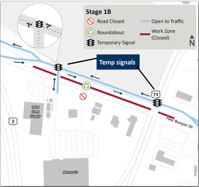 Graphic of three-lane section Map showing Stage 1B traffic shifts on Hwy 197. Lanes are redirected to temporary alignments while construction begins on the new roadway section. Work areas are marked for pavement removal and reconstruction.