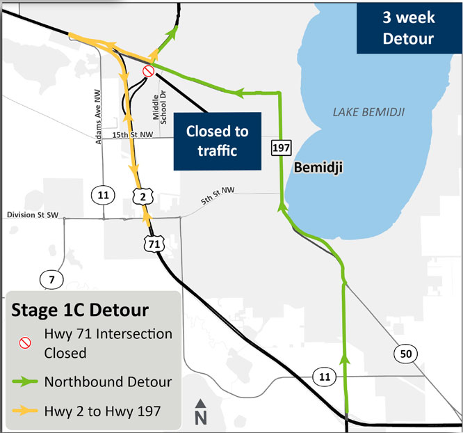 Map showing the truck detour route during Stage 1C of construction on Hwy 197. The detour directs heavy vehicles onto alternate roadways to keep truck traffic out of the active work zone.