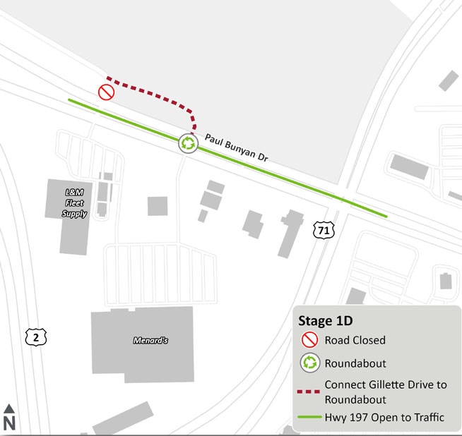 Map showing Stage 1E construction activities at Gillett Drive. The new alignment and reconstruction limits are highlighted, along with local access routes and traffic control points.