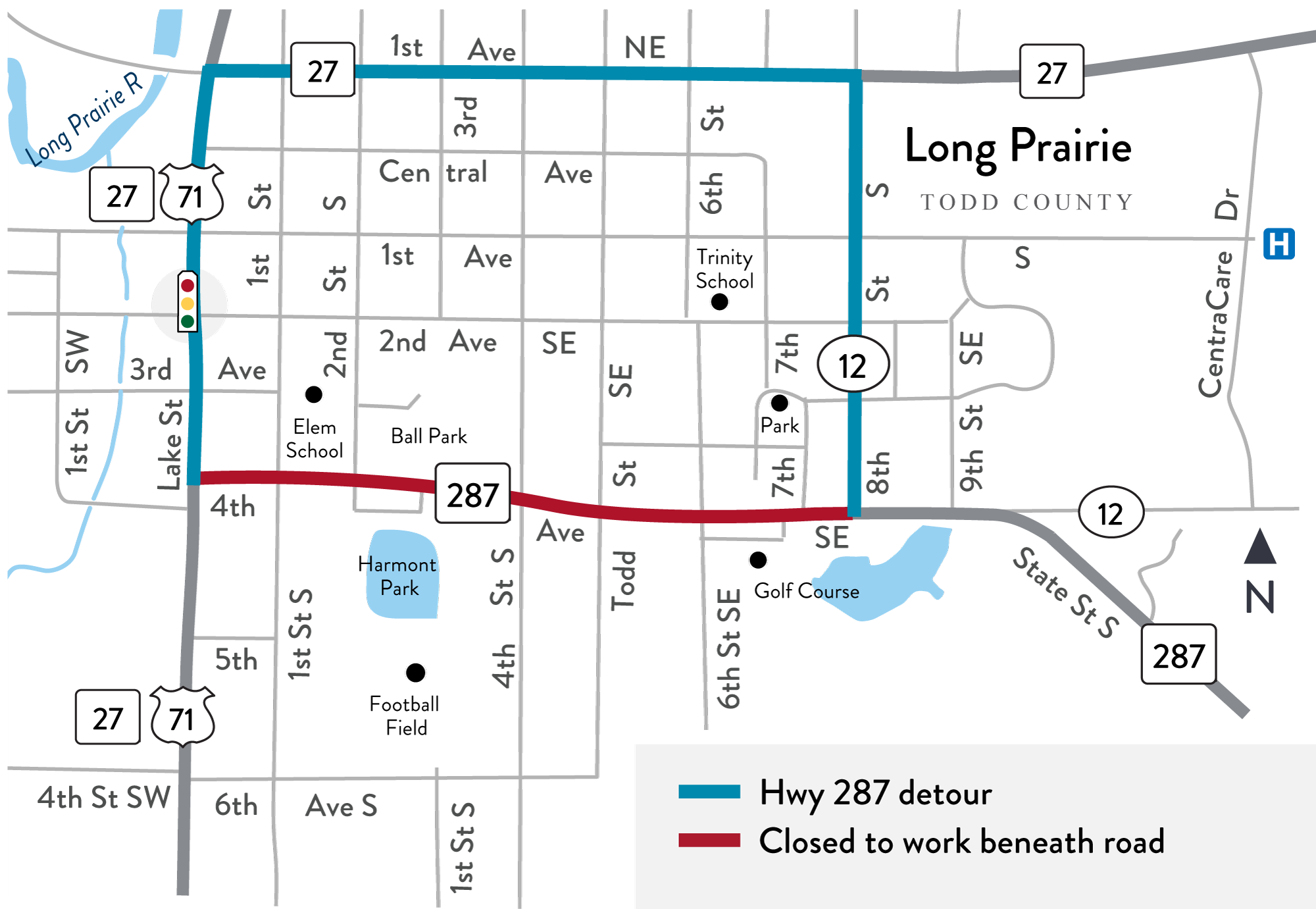 Hwy 287 current work zone map 2025 roadwork location map on Hwy 287 in Long Prairie