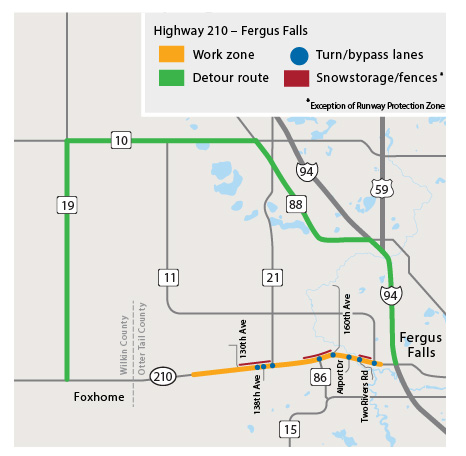 Highway 210 project map. Map shows work zone, starting from 1.8 miles east of the Wlkin and Otter Tail County line to just west of Interstate 94 near Fergus Falls. Detour route is County Road 19, County Road 10/16, County Road 88 and I-94. 