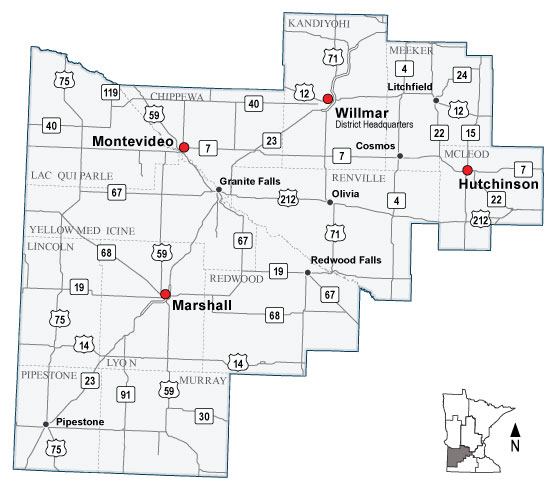 Map of MnDOT District 8, covering Southwest Minnesota.