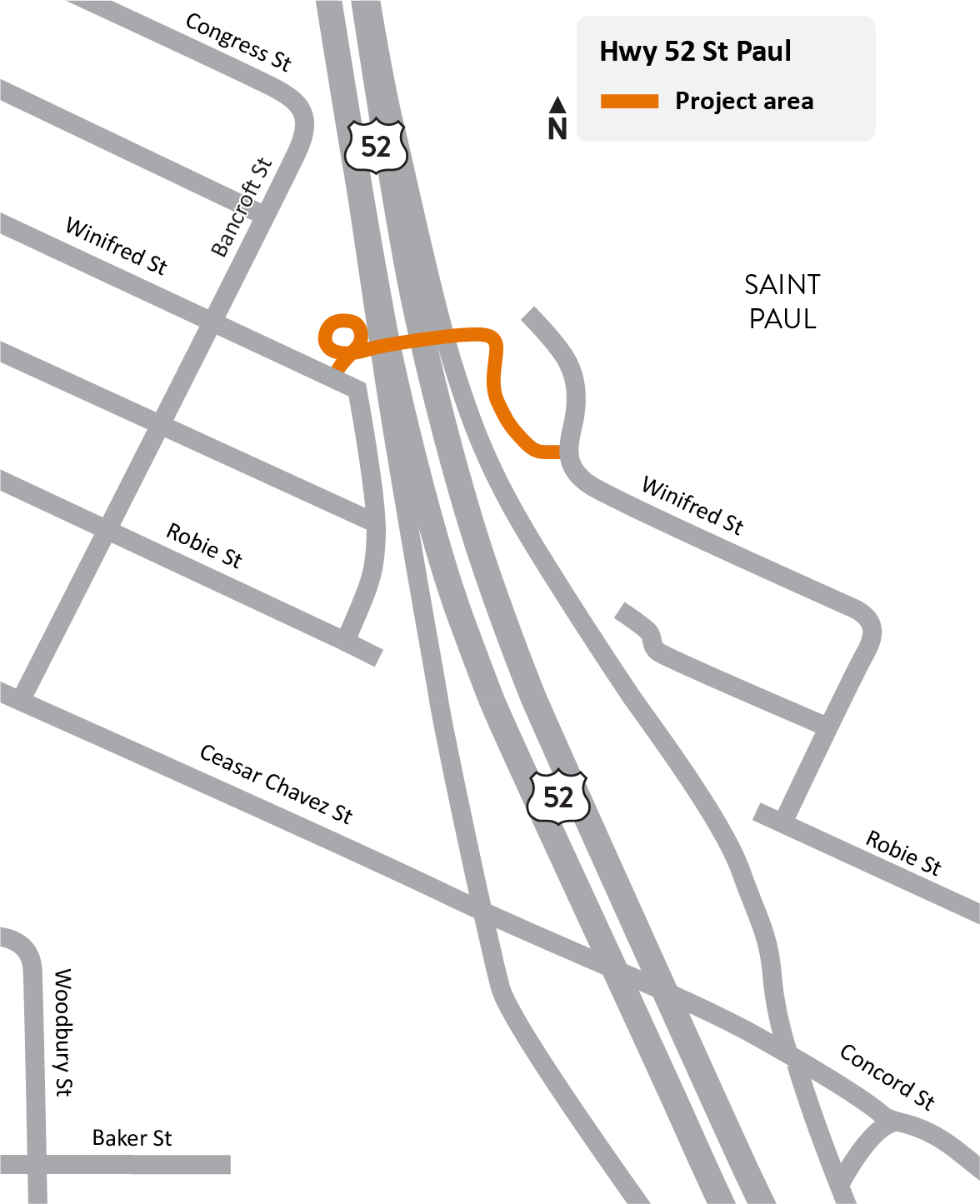 Pedestrian bridge over Highway 52/Lafayette Freeway in Saint Paul project location map