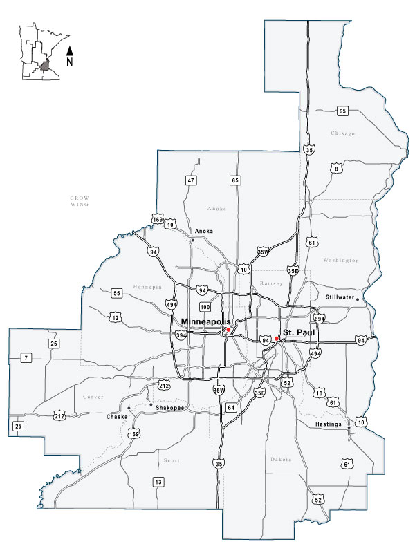 Map of MnDOT Metro District, covering the Twin Cities metro area