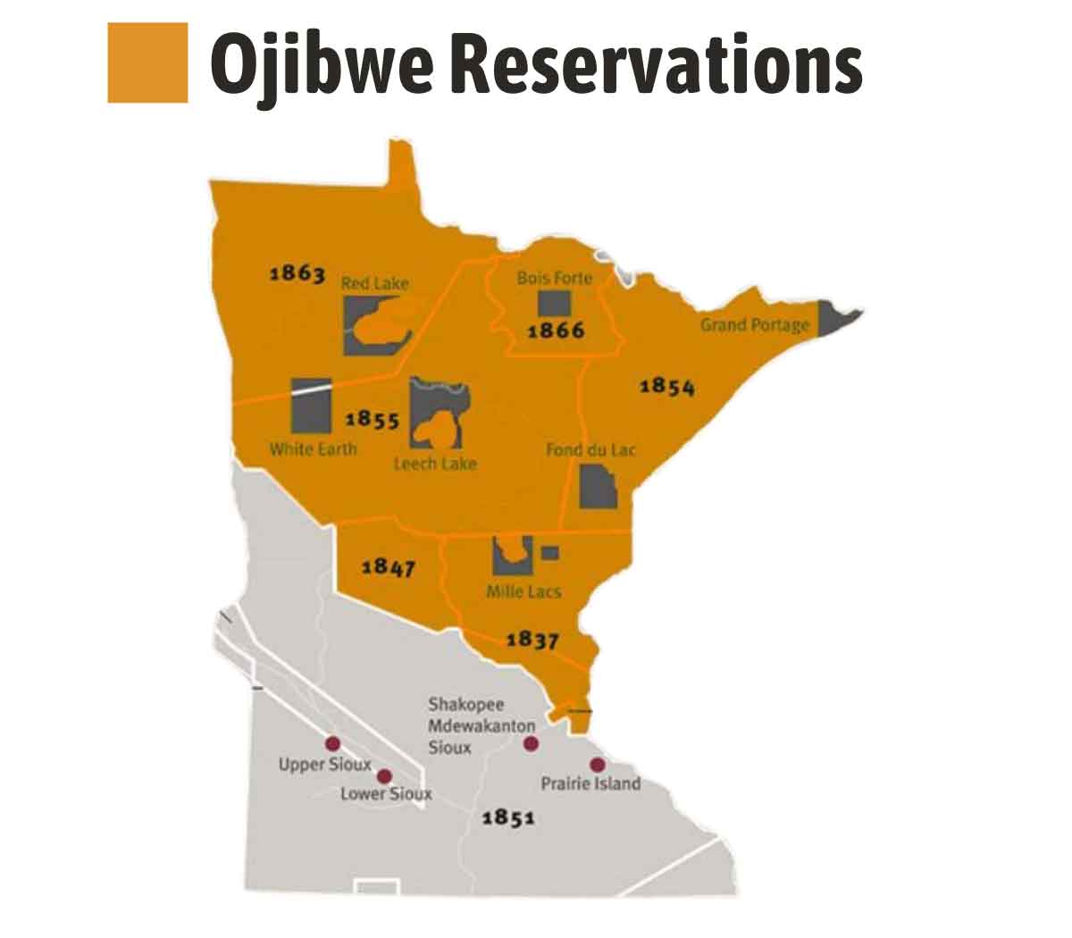 map of minnesota that details where the seven ojibwe tribal nations are located