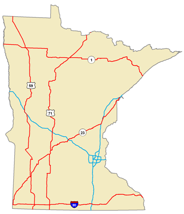 Map of Minnesota showing trunk highways. The longest highways in Minnesota reach all corners of the state